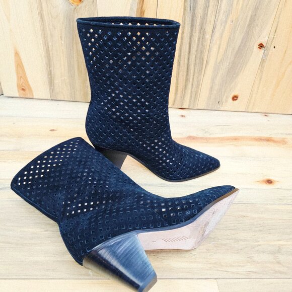 Paige Layla Mid Calf Boot Black Suede Perforated Pointed Toe Heeled - Picture 5 of 6